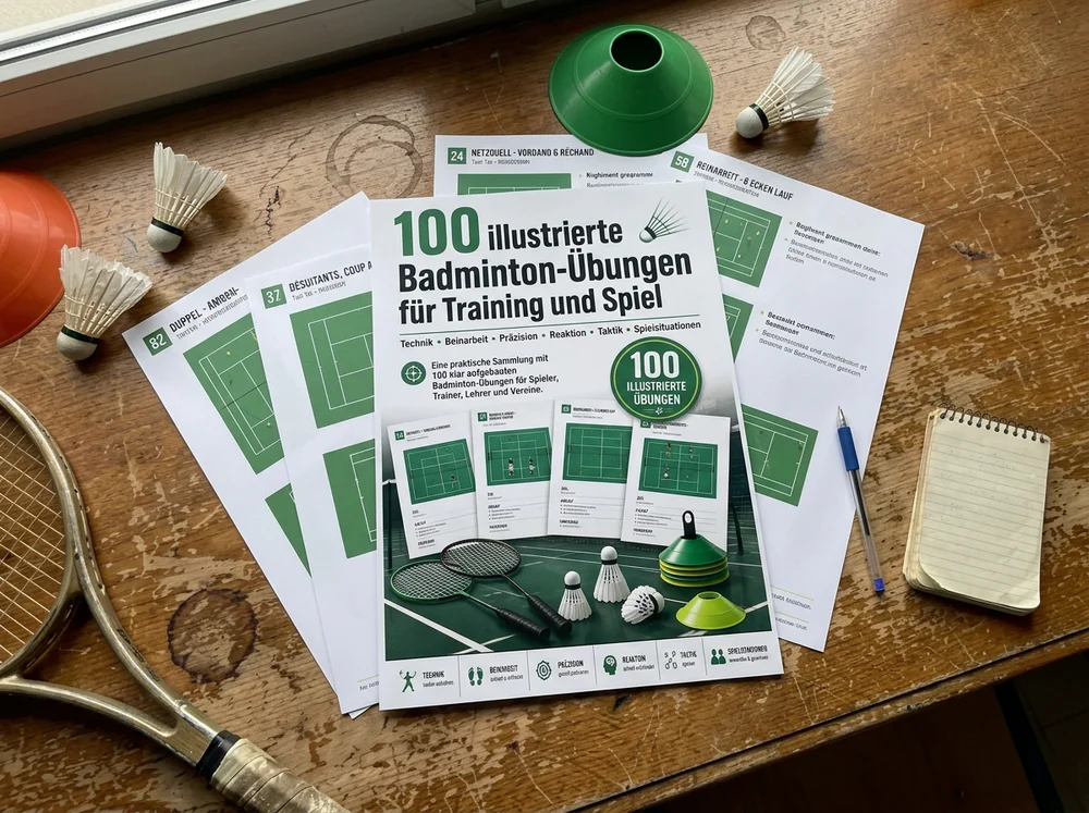 Ausgedruckte Badminton-Übungen auf einem Tisch